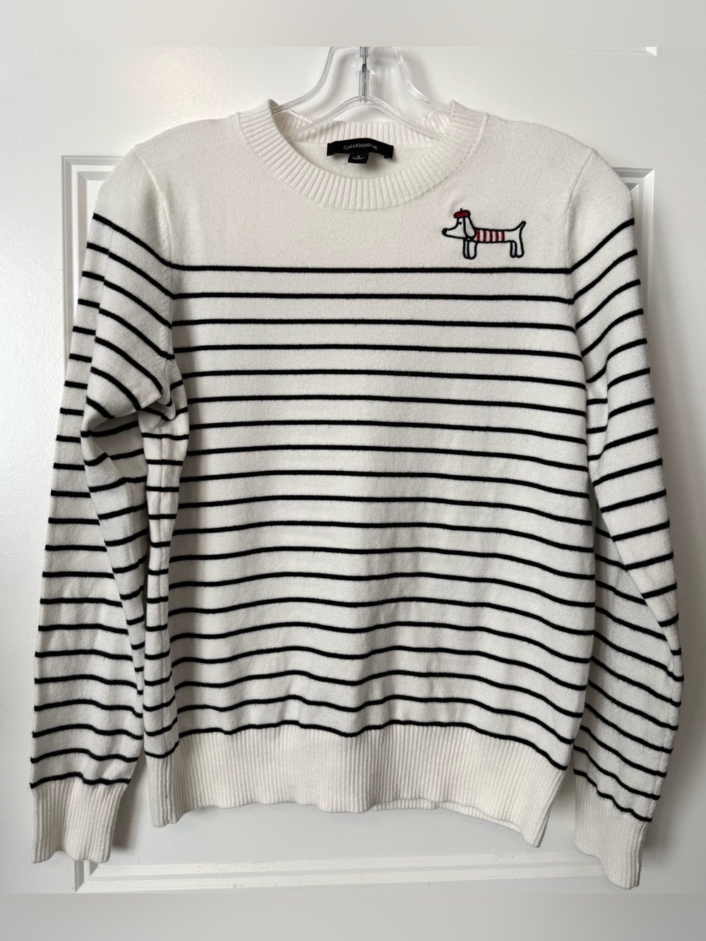 Calligraphie Striped Sweater Dog Embroidered Knit Top White Black Size Small